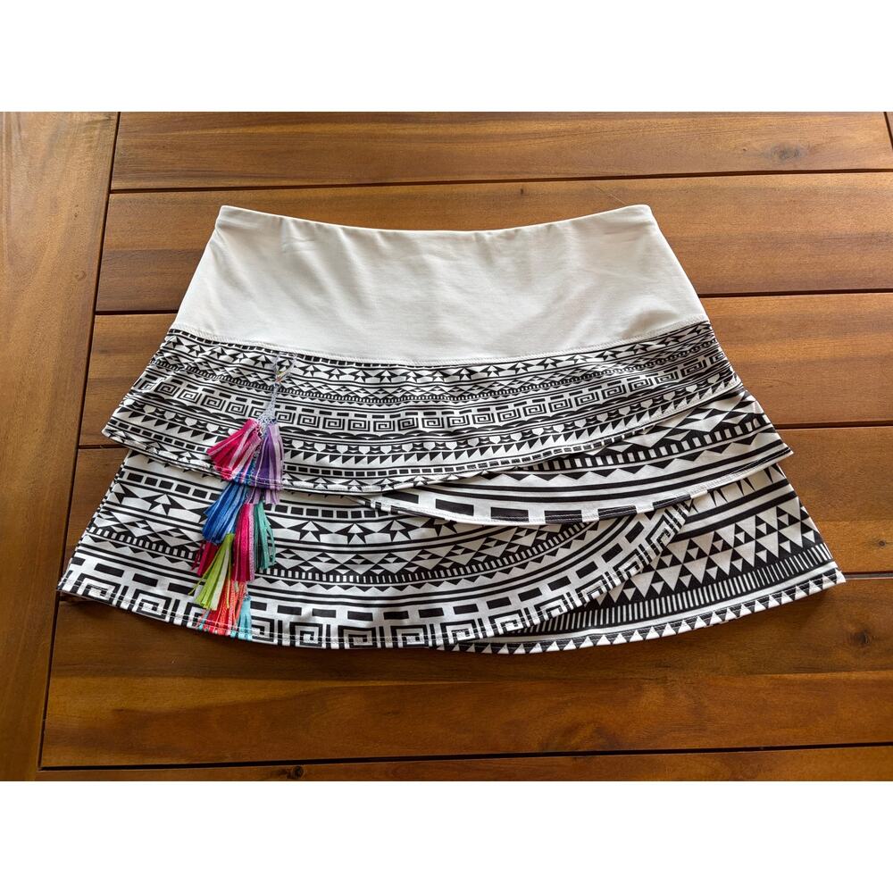 Lucky in Love Black White Tribal Tassel Print Tiered Layer Skirt Skort Size S